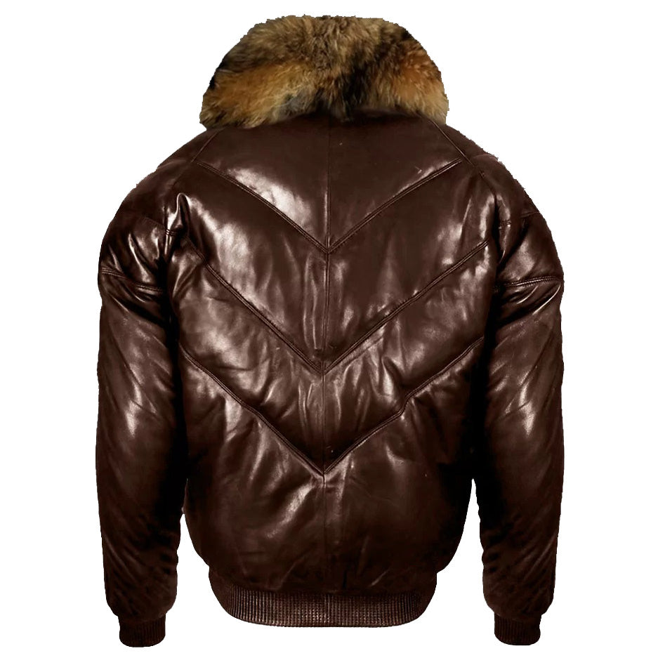 Veste en cuir marron foncé avec col en fourrure de raton laveur - Veste en cuir et duvet