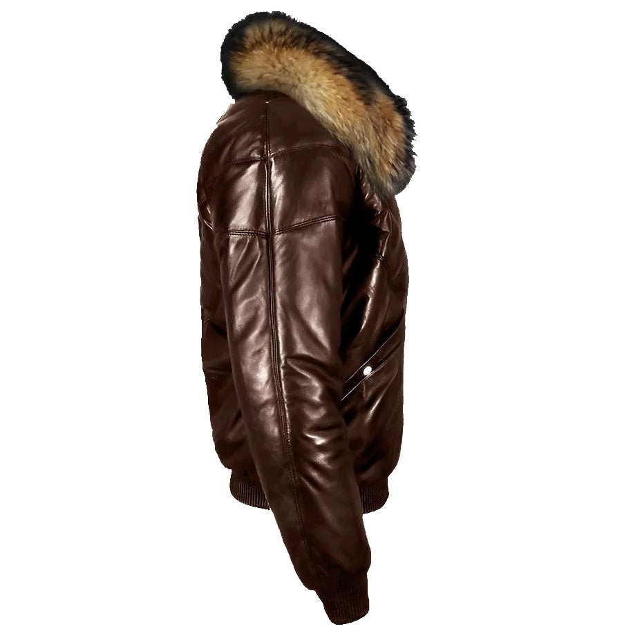 Veste en cuir marron foncé avec col en fourrure de raton laveur - Veste en cuir et duvet