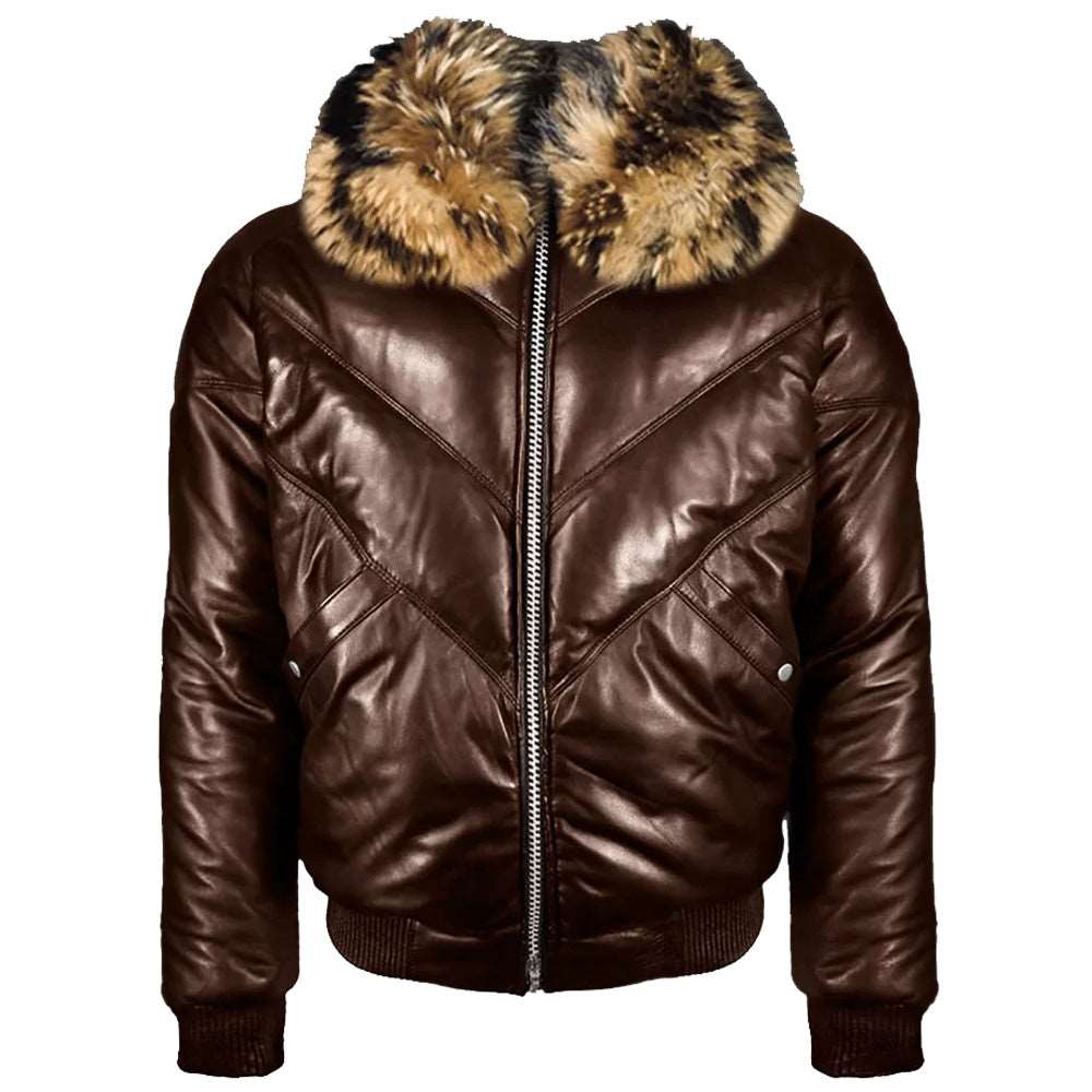 Veste en cuir marron foncé avec col en fourrure de raton laveur - Veste en cuir et duvet