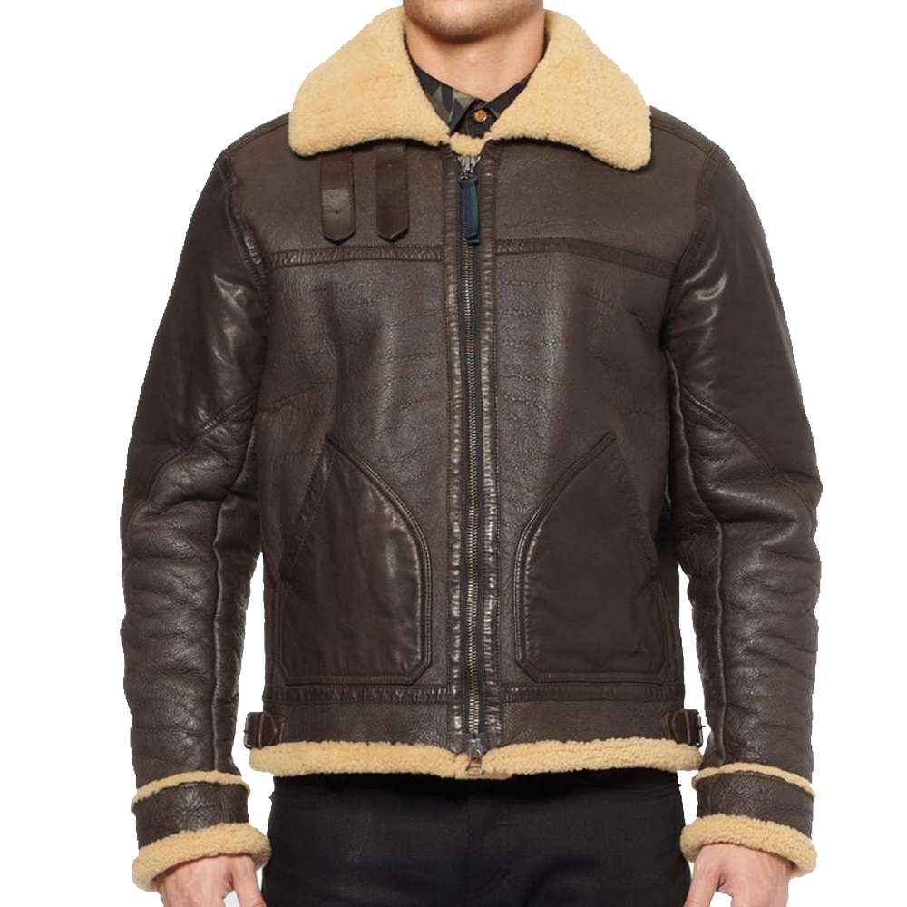 Blouson en cuir de mouton retourné marron foncé B3 pour homme