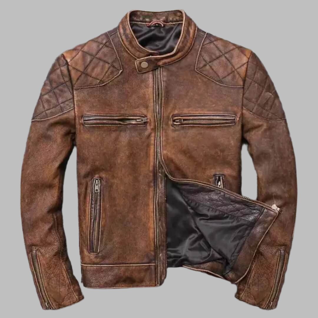 Veste de motard en cuir marron vieilli pour homme style Cafe Racer