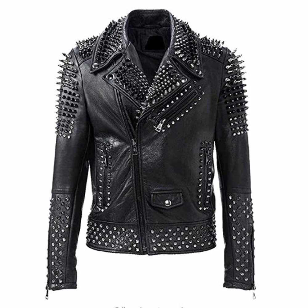 Veste en cuir cloutée noire argentée style punk rock EMO 