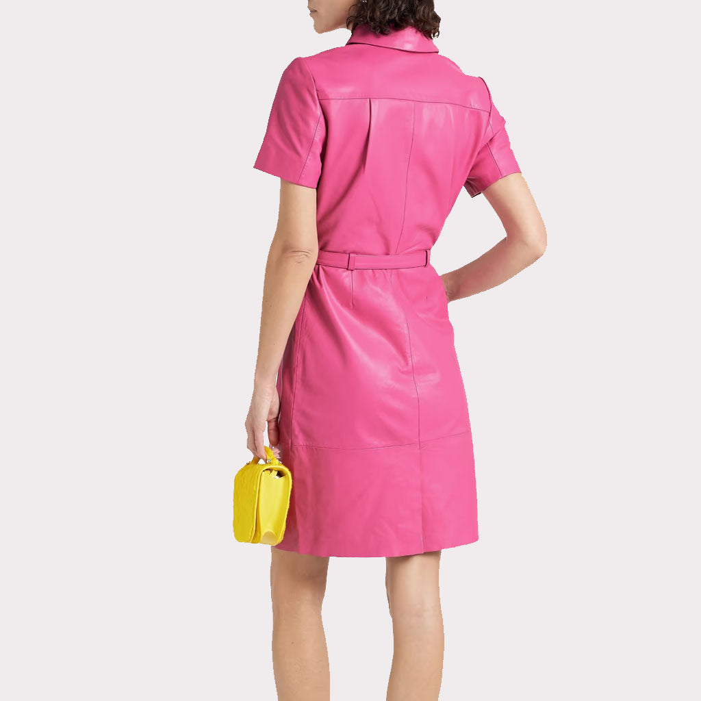 Robe chemise en cuir rose élégante pour femme