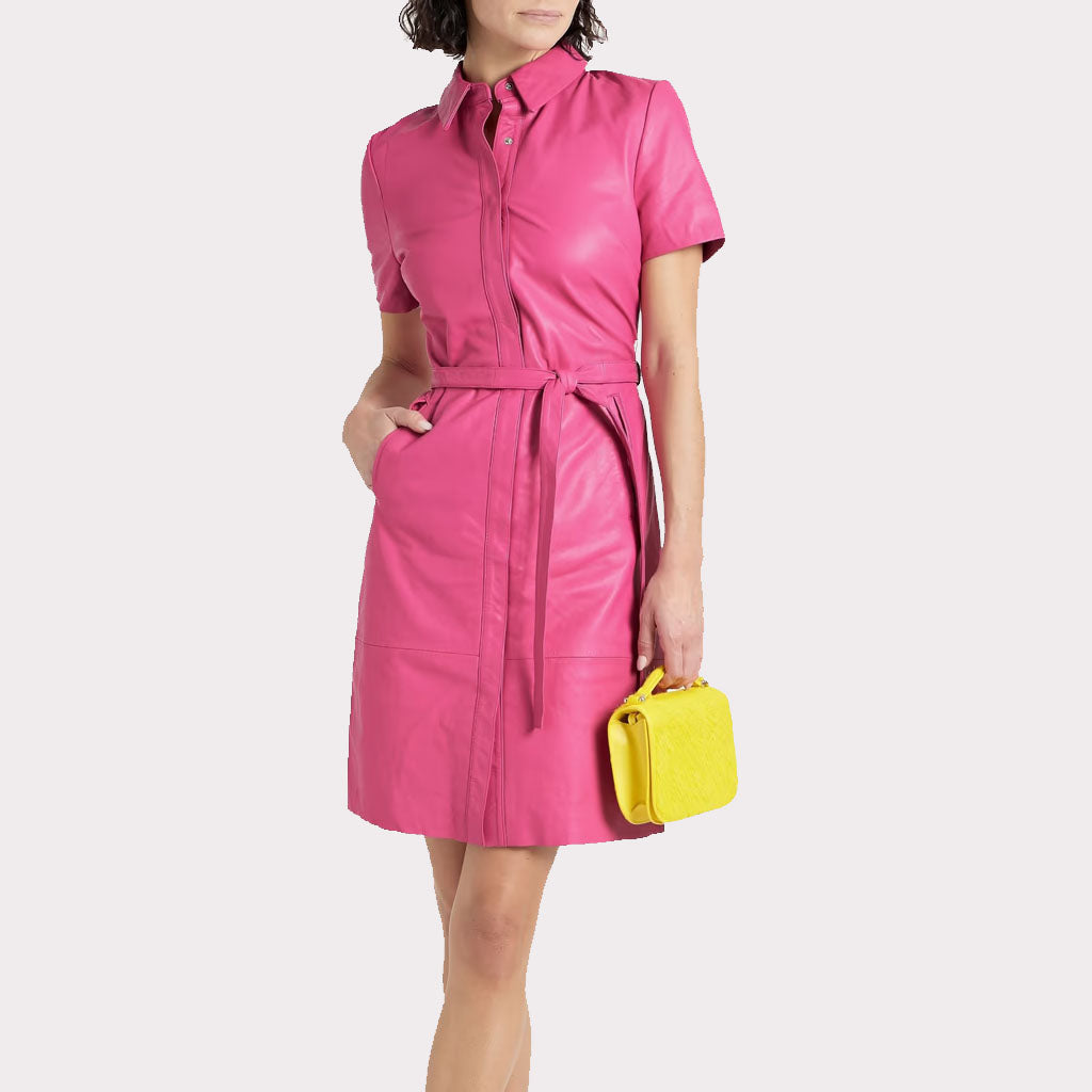 Robe chemise en cuir rose élégante pour femme