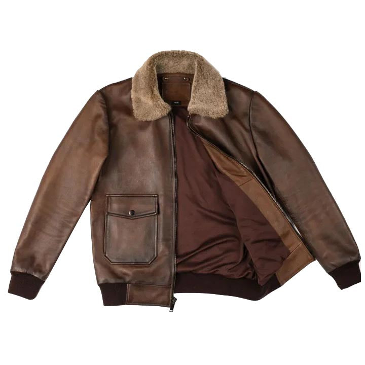 Blouson aviateur en cuir marron chocolat