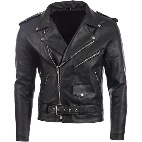 Veste motard ceinturée en cuir véritable pour homme