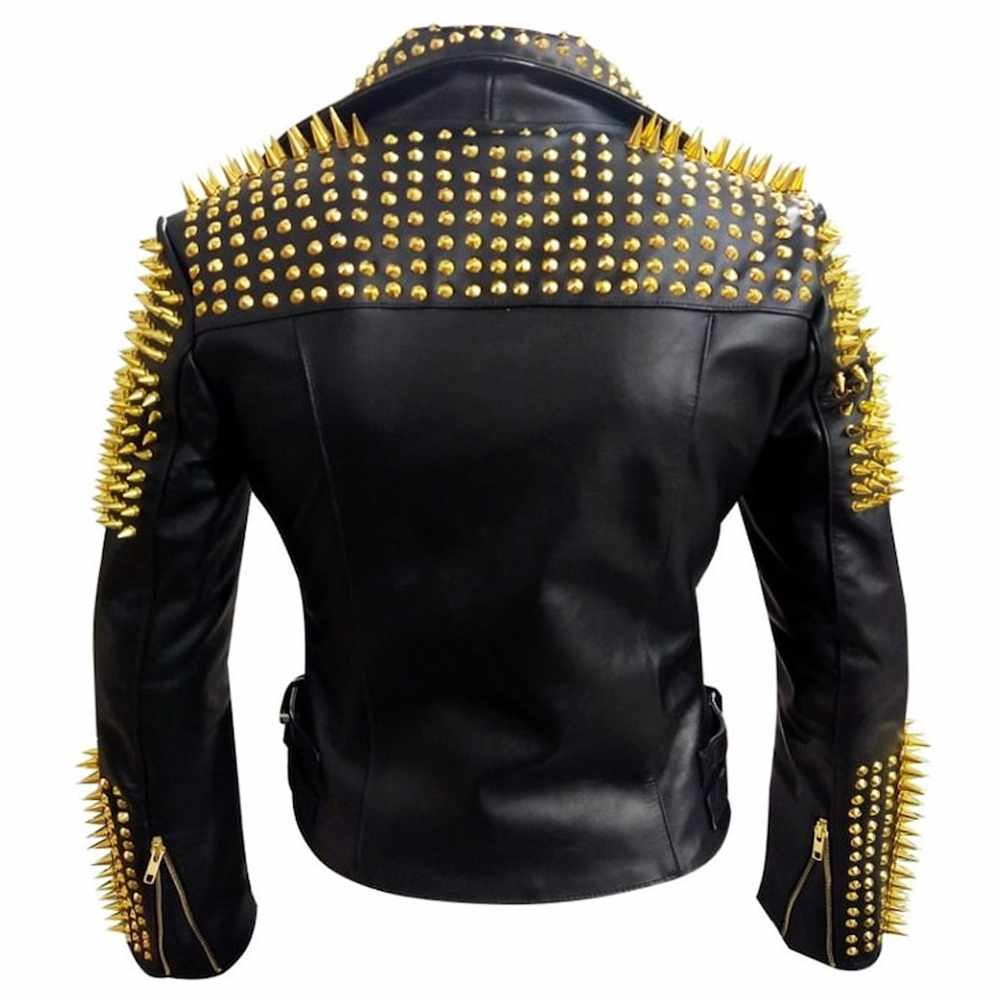 Veste de moto en cuir cloutée dorée avec pointes en métal lourd pour homme