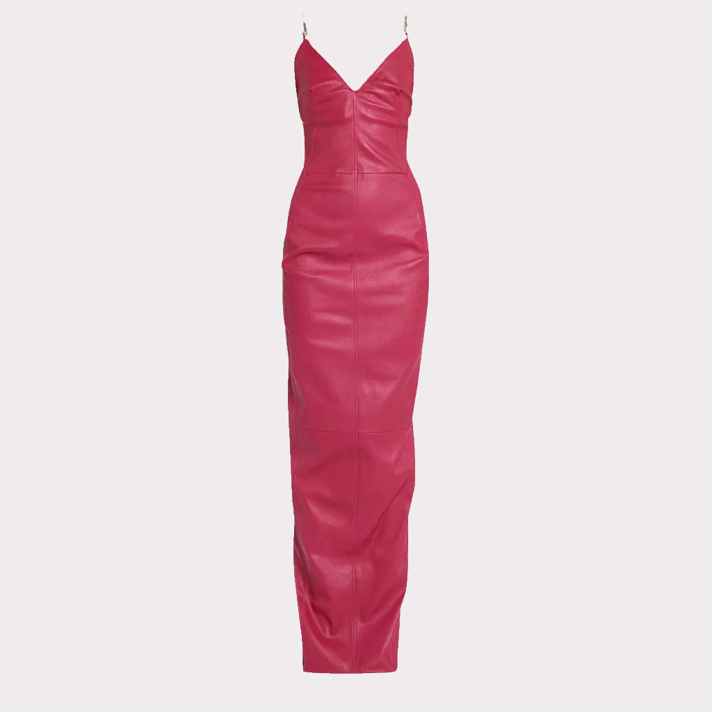 Robe Barbie longue en cuir rose vif ajustée