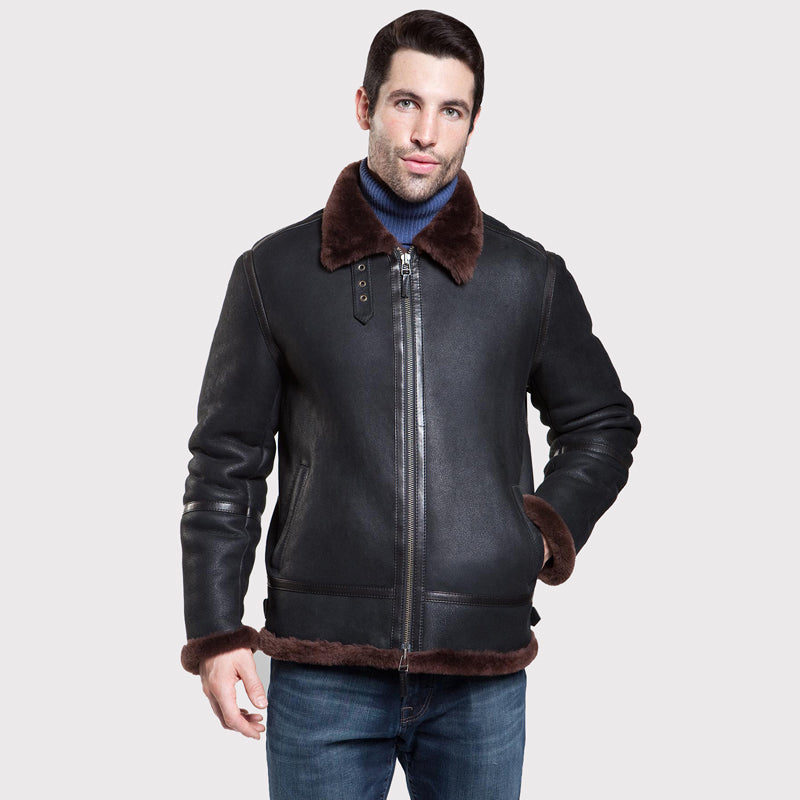 Veste emblématique en cuir de mouton retourné noir Aviator