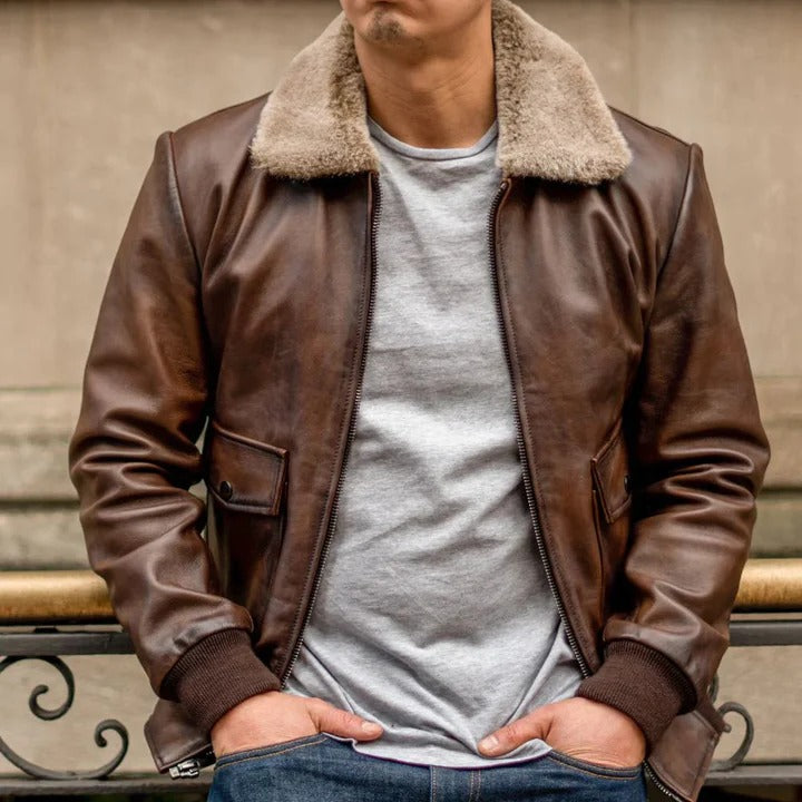 Blouson aviateur en cuir marron chocolat