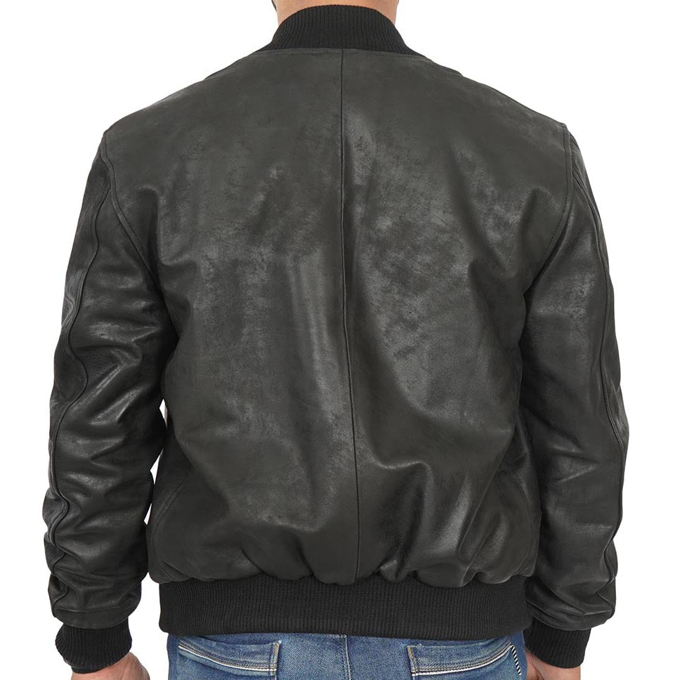 Veste bomber Letterman en cuir noir pour homme