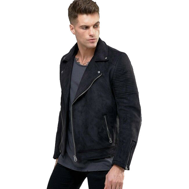 Veste de moto en cuir suédé noir pour homme