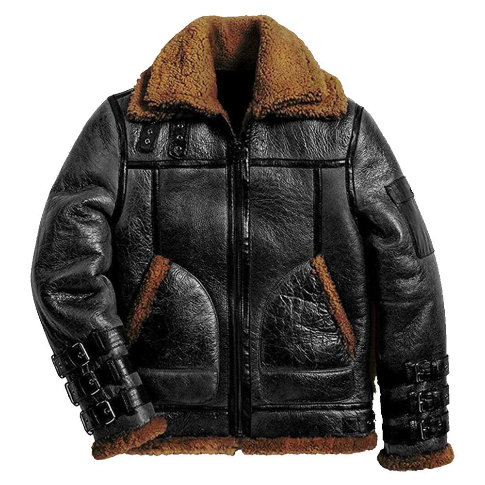 Veste de pilote en cuir noir pour homme Aviator RAF B3 Shearling Bomber