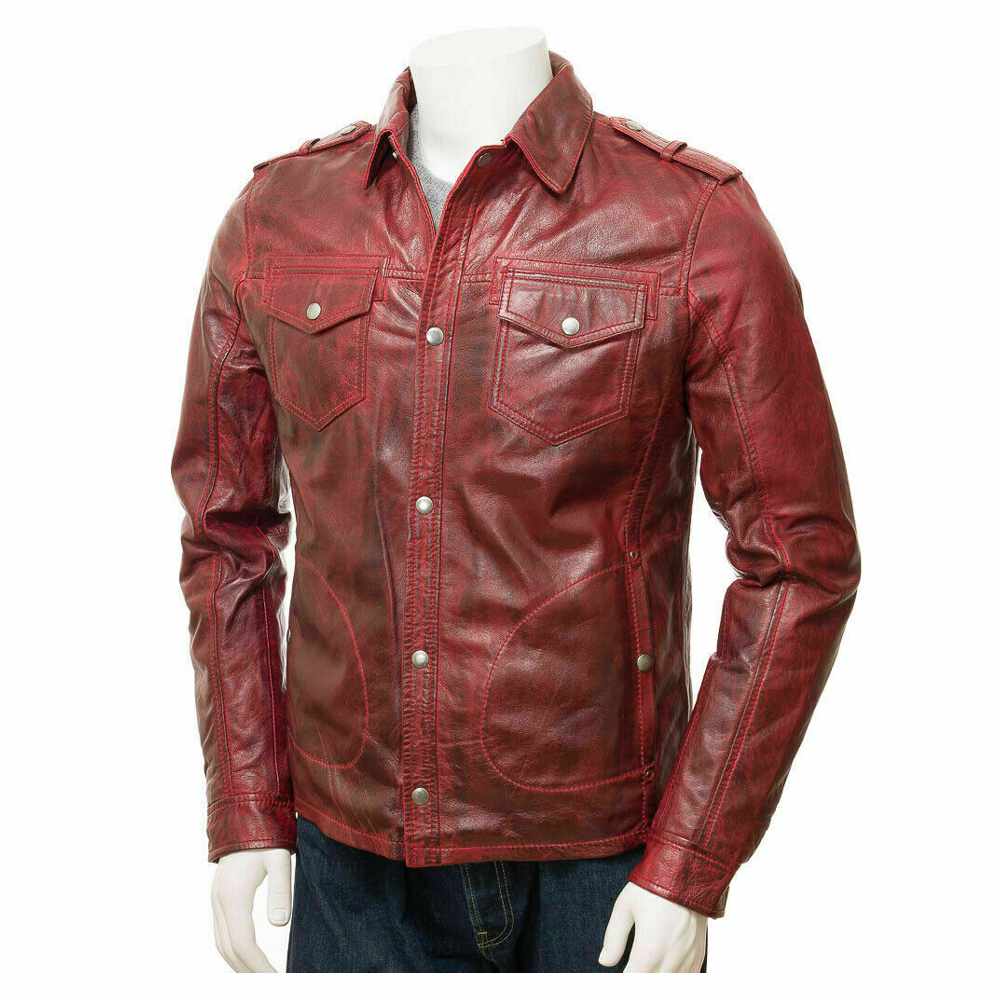 Chemise motard à manches longues en cuir rouge vieilli pour homme 