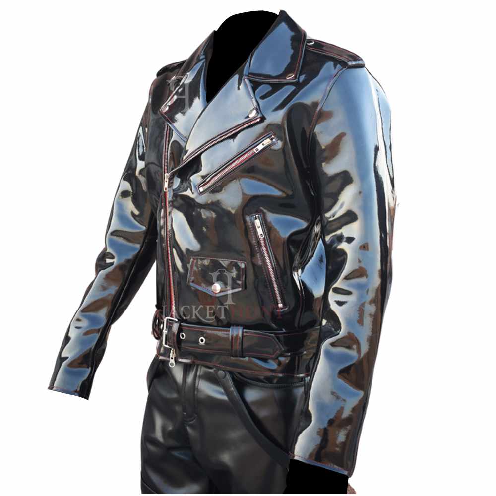 Veste de motard en vinyle PVC pour homme EMO, style gothique, fil rouge, mode moto