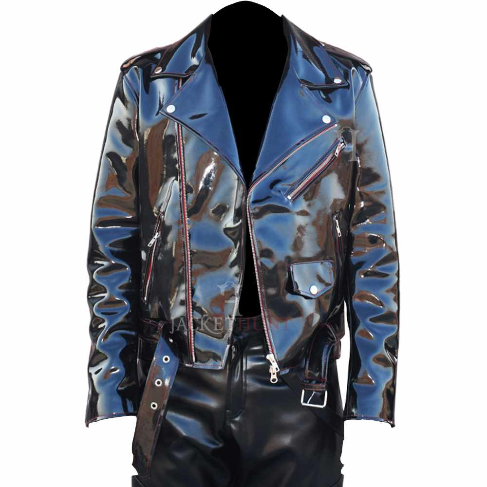 Veste de motard en vinyle PVC pour homme EMO, style gothique, fil rouge, mode moto