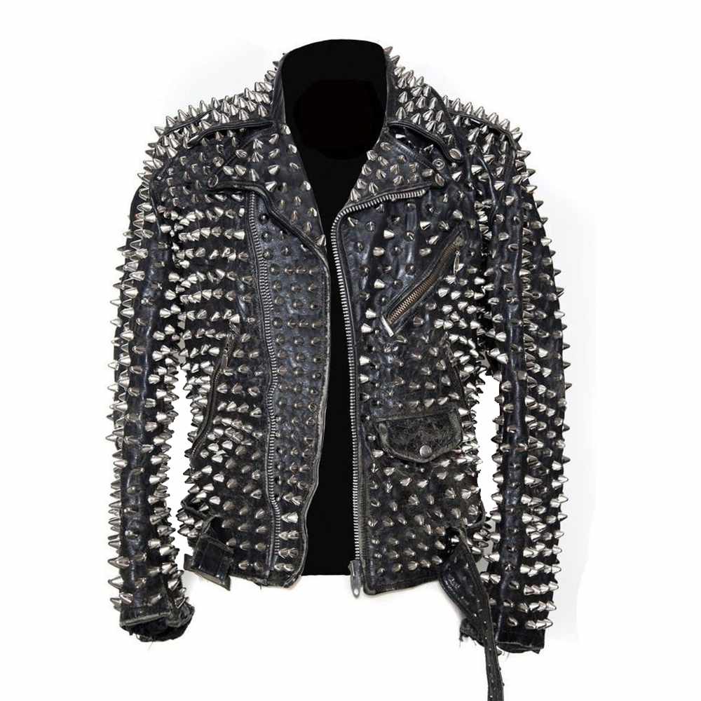 Veste de moto en cuir noir clouté style punk métal pour homme 