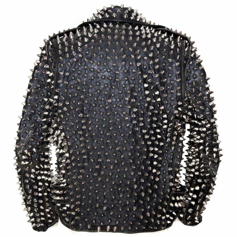 Veste de moto en cuir noir clouté style punk métal pour homme 