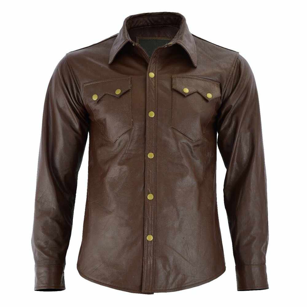 Chemise en cuir marron souple à manches longues pour homme, coupe slim 