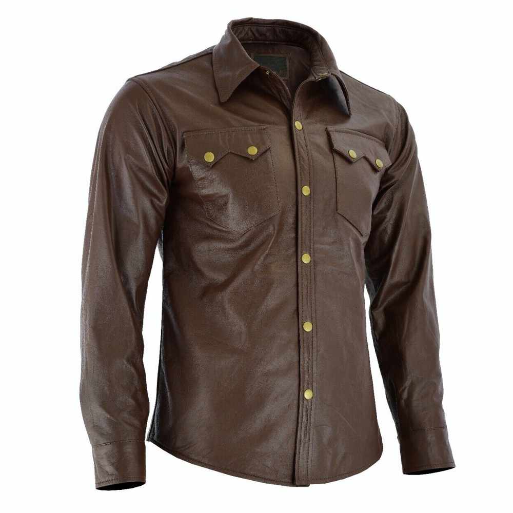 Chemise en cuir marron souple à manches longues pour homme, coupe slim 