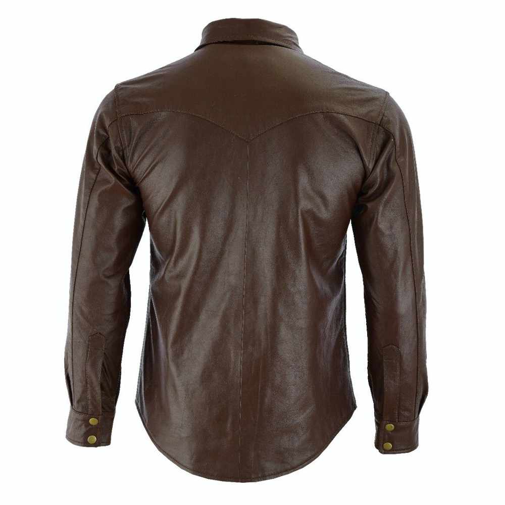 Chemise en cuir marron souple à manches longues pour homme, coupe slim 