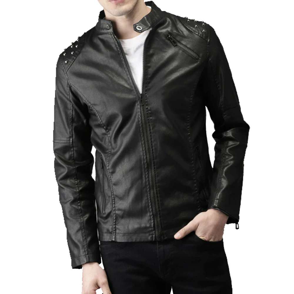 Veste en cuir véritable à col montant pour homme avec clous noirs