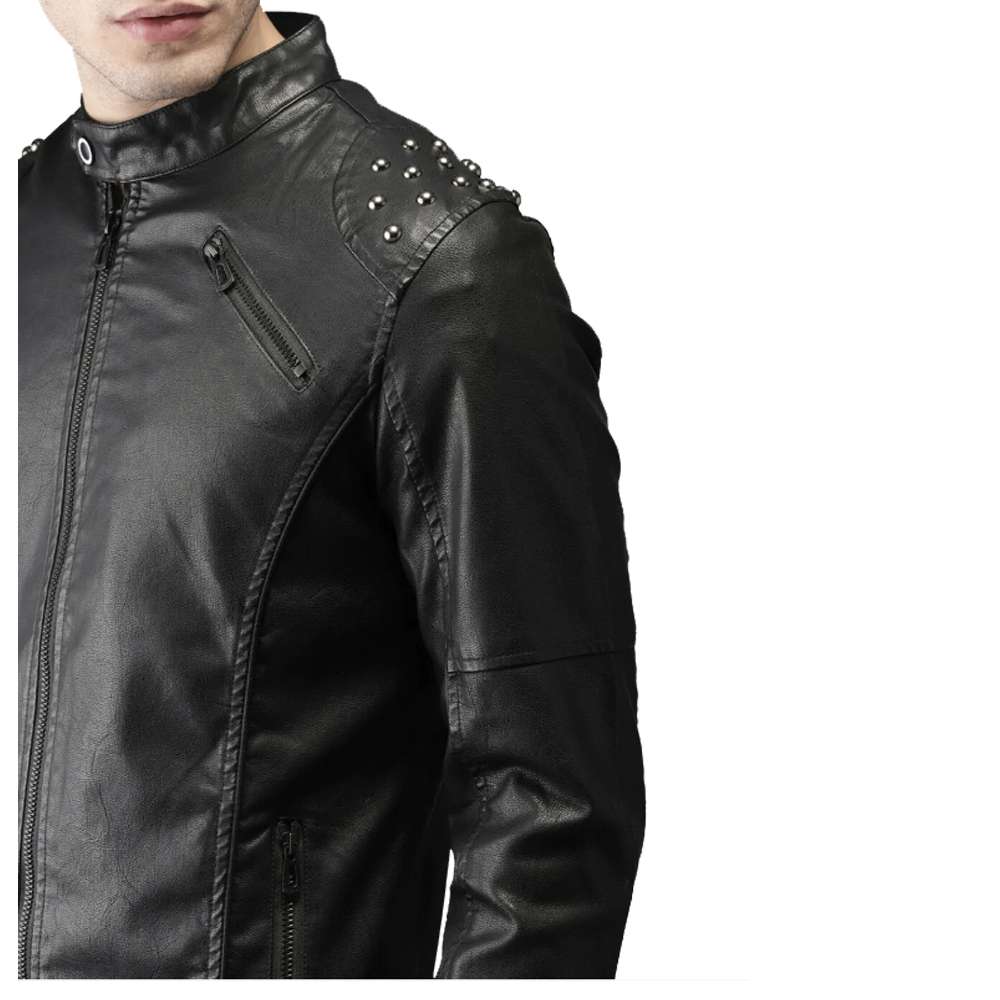 Veste en cuir véritable à col montant pour homme avec clous noirs