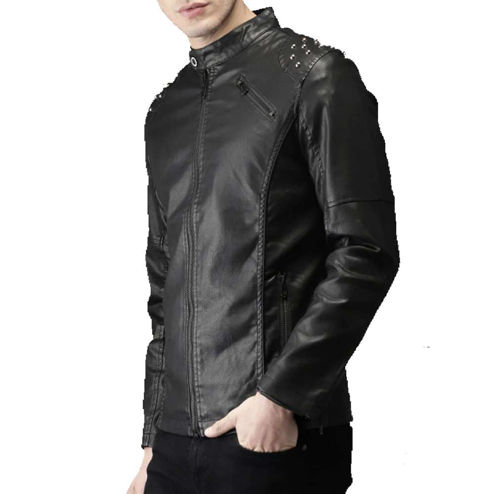 Veste en cuir véritable à col montant pour homme avec clous noirs