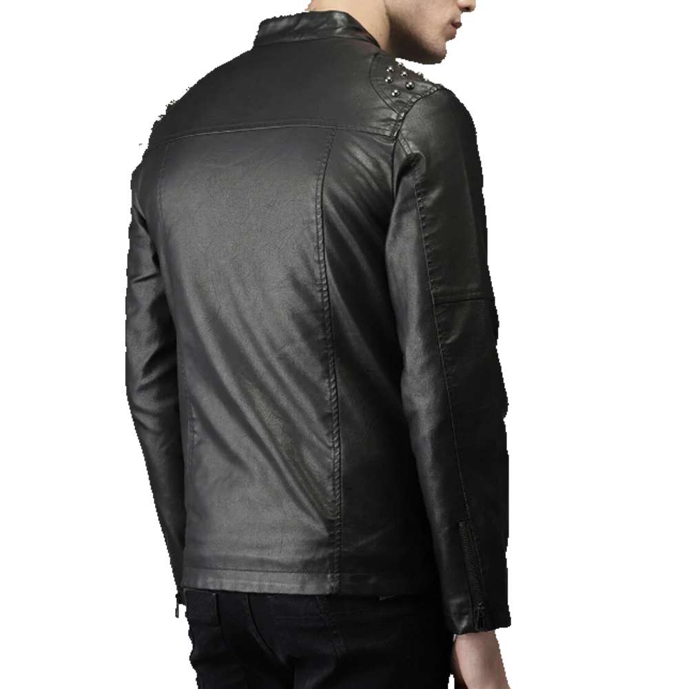 Veste en cuir véritable à col montant pour homme avec clous noirs