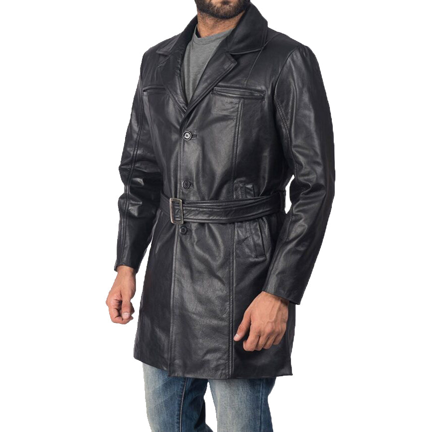 Trench-coat en cuir de mouton noir pour homme