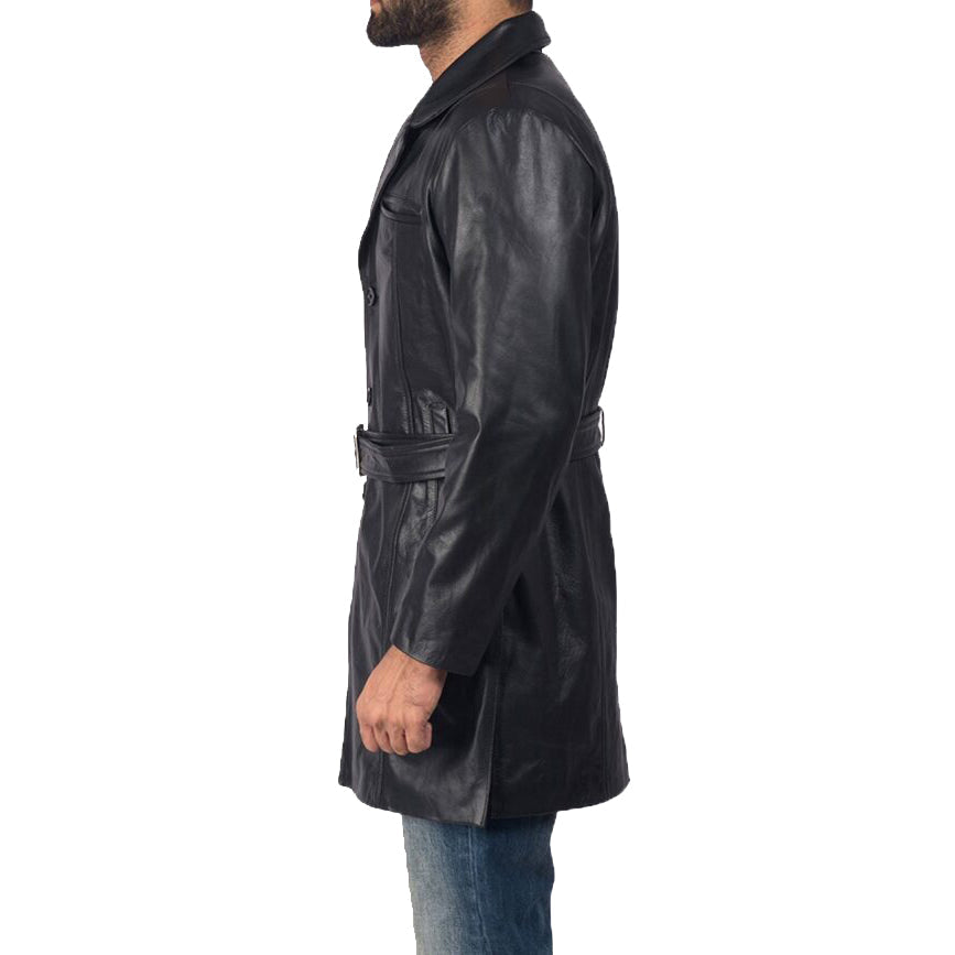 Trench-coat en cuir de mouton noir pour homme