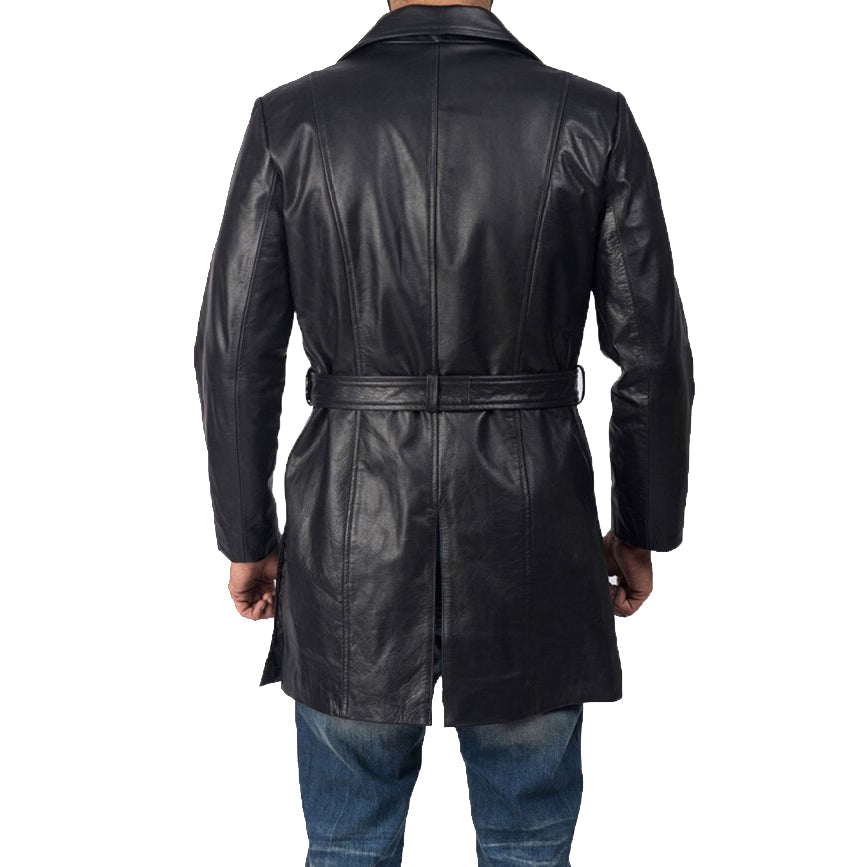 Trench-coat en cuir de mouton noir pour homme