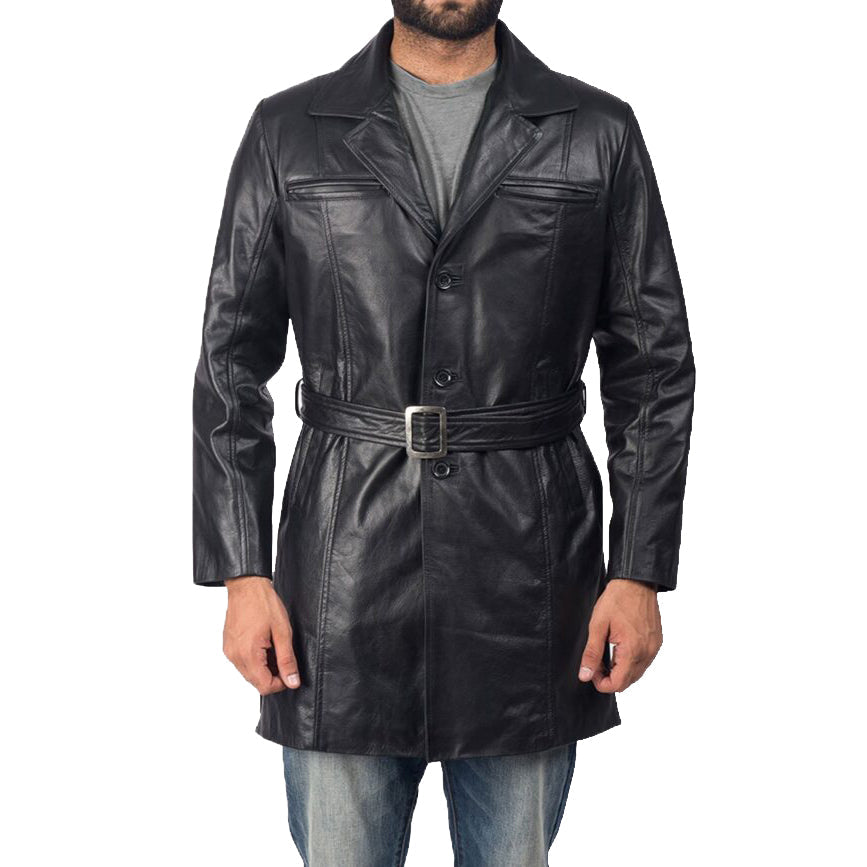 Trench-coat en cuir de mouton noir pour homme