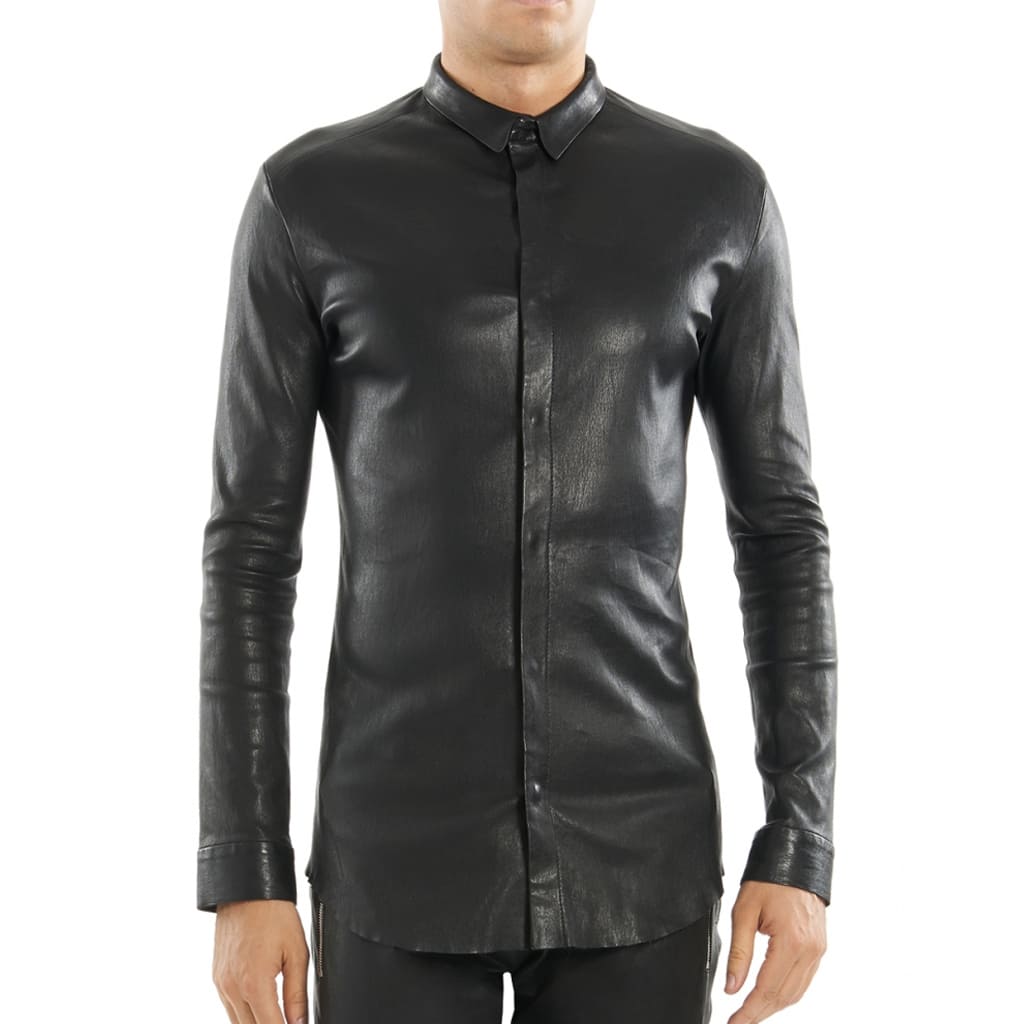 Chemise en cuir noire ajustée pour homme - Audacieuse et élégante