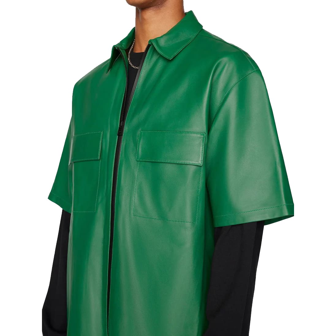 Chemise en cuir à manches courtes verte pour homme