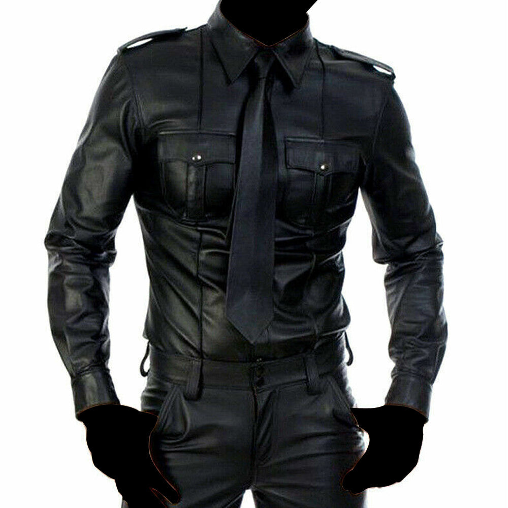 Chemise en cuir noir pour uniforme de policier pour homme 