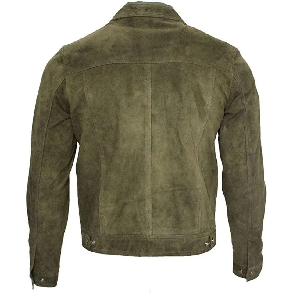 Veste de camionneur en daim vert armée pour homme - Cuir véritable