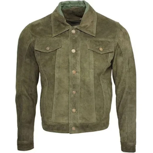 Veste de camionneur en daim vert armée pour homme - Cuir véritable