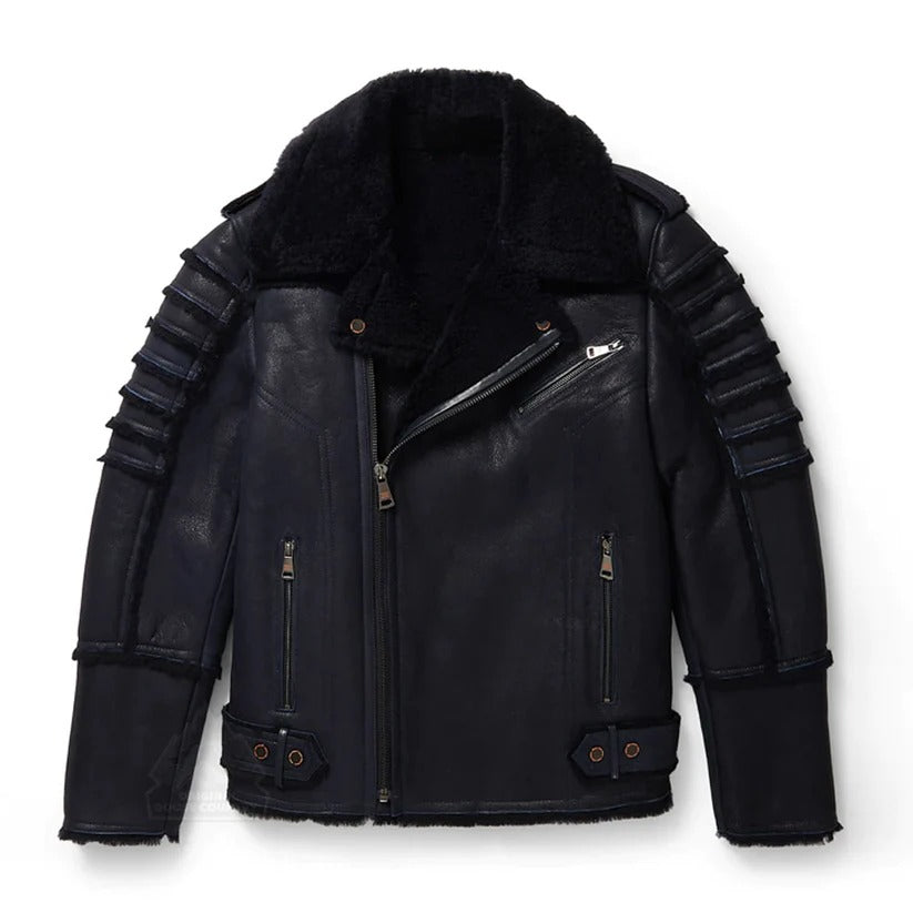 Veste en cuir de mouton noir aviateur pour homme