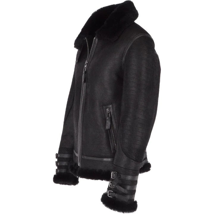 Veste en cuir de mouton retourné noir pour homme de style aviateur