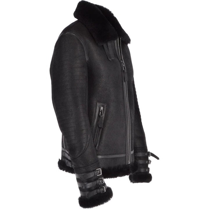 Veste en cuir de mouton retourné noir pour homme de style aviateur