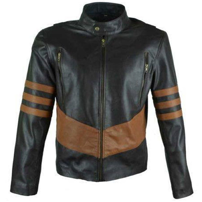 Veste en cuir noir Cafe Racer à rayures marron pour homme