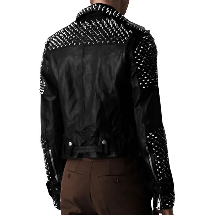 Veste motard en cuir noir pour homme avec clous