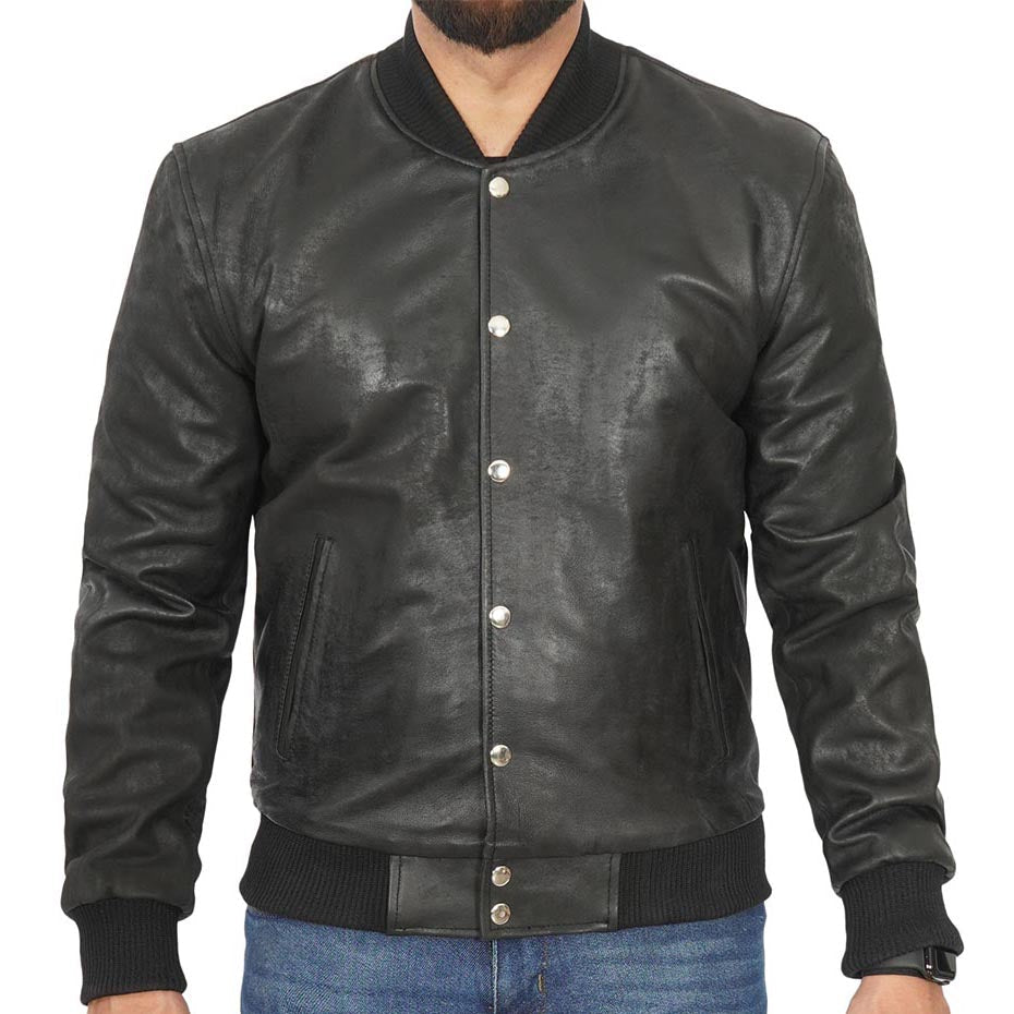 Veste bomber Letterman en cuir noir pour homme