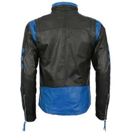 Veste de moto en cuir noir pour homme avec rayures bleues