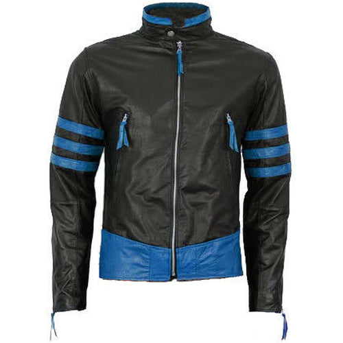 Veste de moto en cuir noir pour homme avec rayures bleues