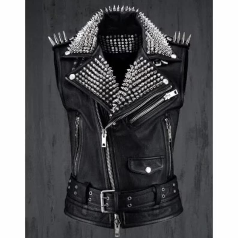 Gilet punk en cuir noir clouté pour homme