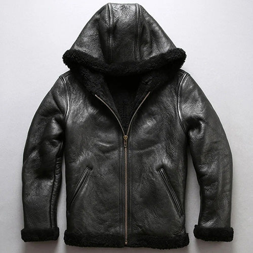 Manteau à capuche en fourrure de mouton noir pour homme