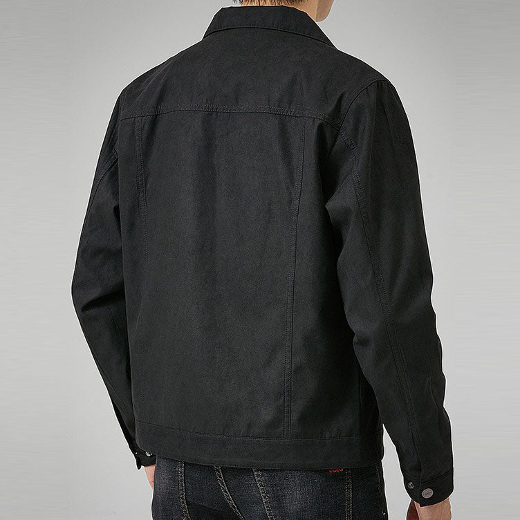 Men's Black Suede Leather Casual Jacket with Lapel