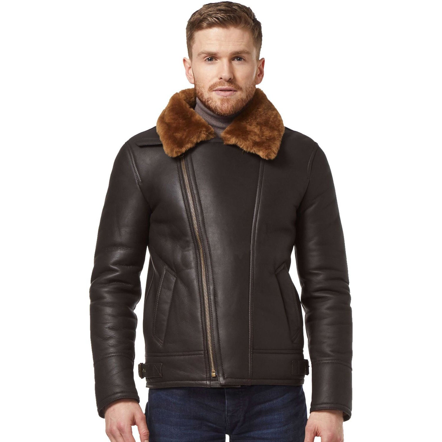 Veste en cuir à fermeture éclair croisée pour homme, style aviateur, marron et gingembre